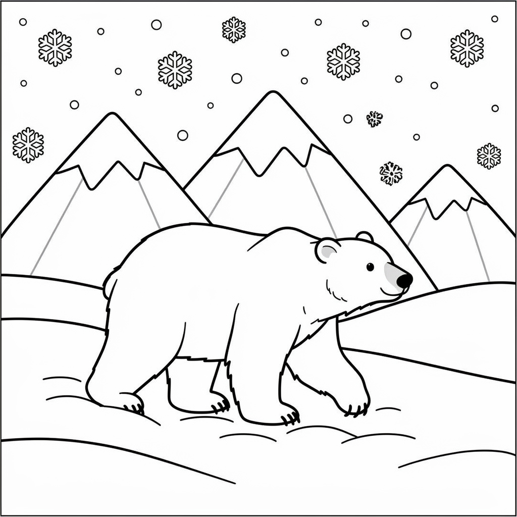 Skriv ut och färglägg isbjörn i snöfall