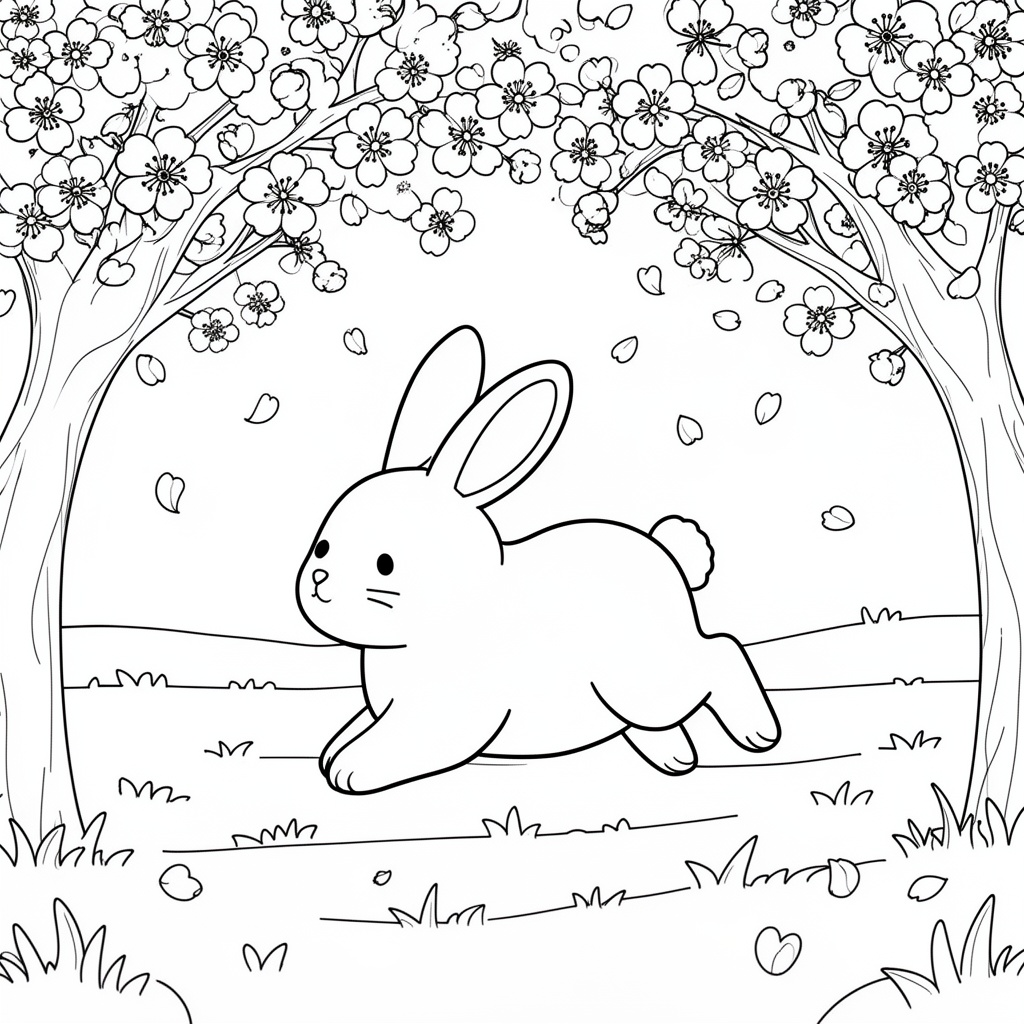 Skriv ut vårkanin under blommande träd målarbild