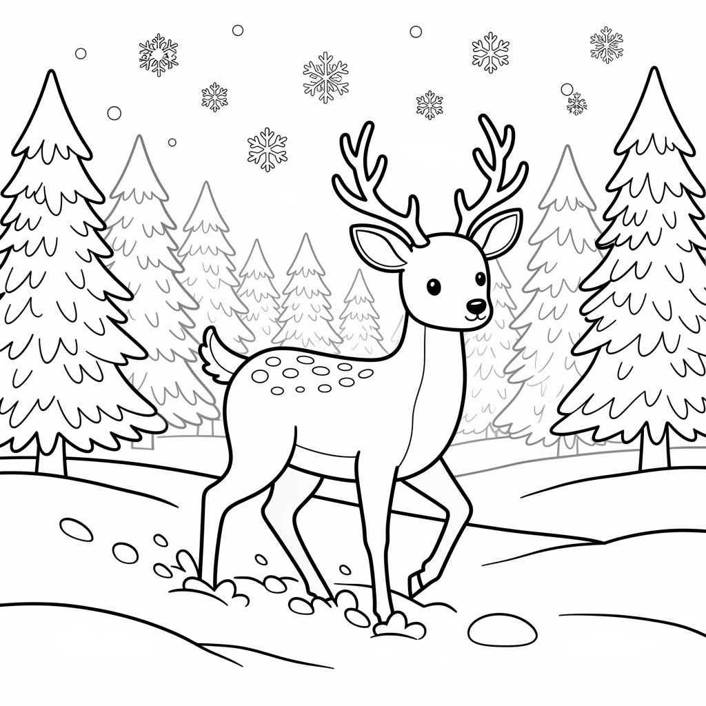 Snöig vinterrådjur i frostig granskog