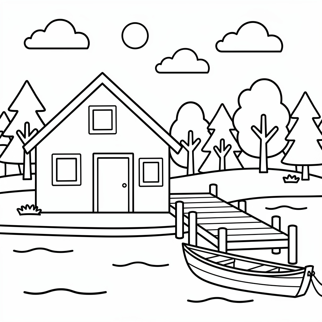 Sommarstuga vid sjön med en liten brygga