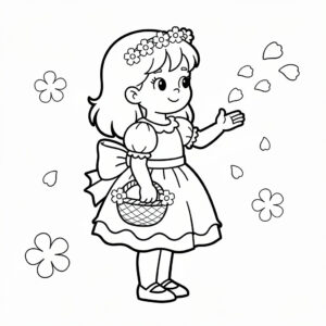 Söt blomsterflicka målarbild med korg