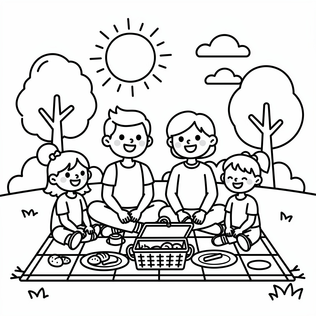 Söt familj målarbild: picknick på ängen