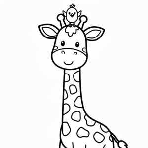 Söt giraff med vänlig fågel på huvudet