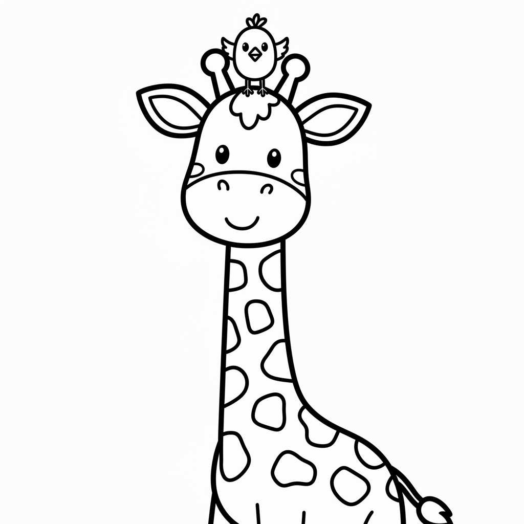 Söt giraff med vänlig fågel på huvudet