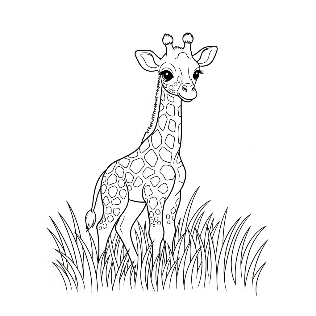 Söt giraffunge med silkeslena fläckar på ängen