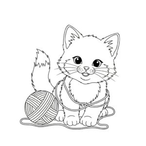 Söt gullig fluffig kattunge målarbild med garnnystan