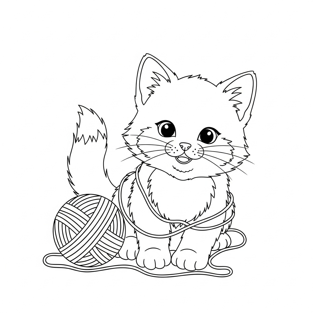 Söt gullig fluffig kattunge målarbild med garnnystan