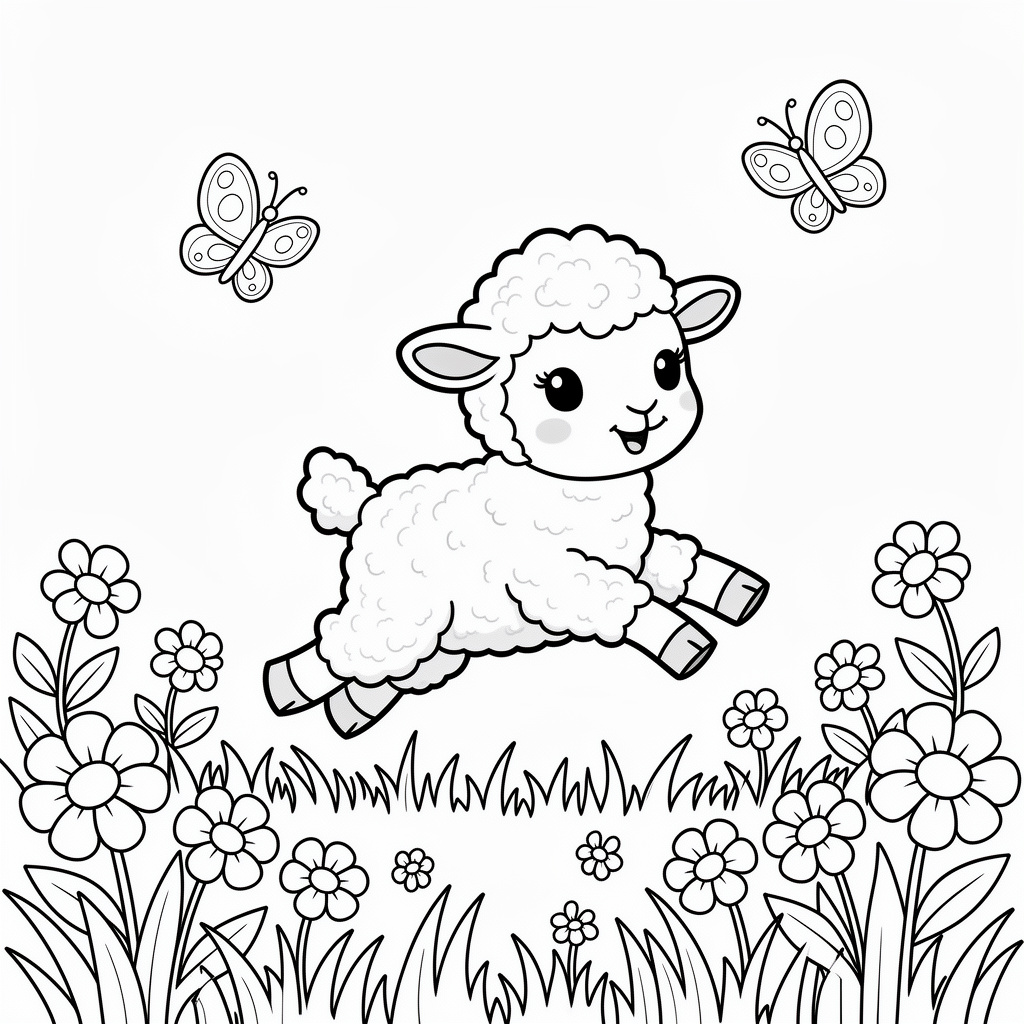 Söt lamm målarbild på blommande äng
