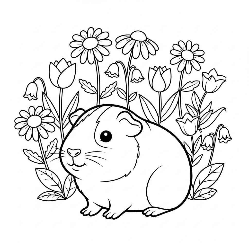 Söt marsvin att färglägga bland blommor
