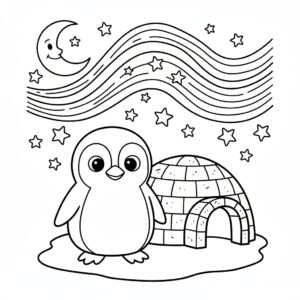 Söt pingvin målarbild med igloo och stjärnor