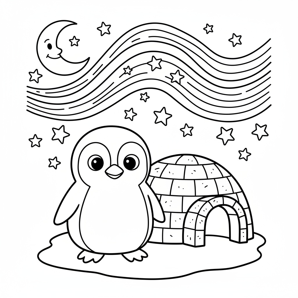 Söt pingvin målarbild med igloo och stjärnor
