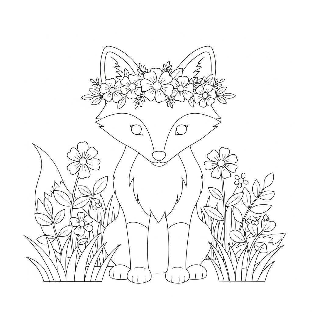 Söt räv målarbild med blomsterkrans