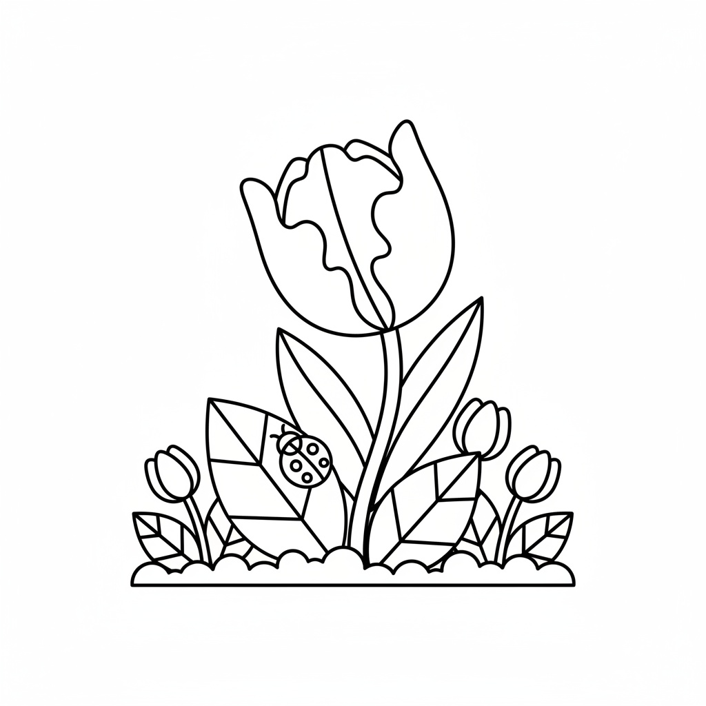 Söt tulpan målarbild med enkel teckning i blomstrande miljö