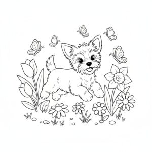 Söt yorkshireterrier i blommande trädgård med fjäril