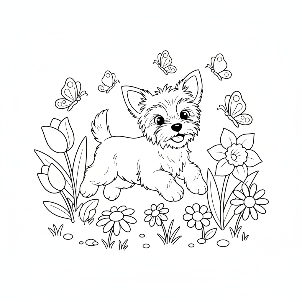 Söt yorkshireterrier i blommande trädgård med fjäril