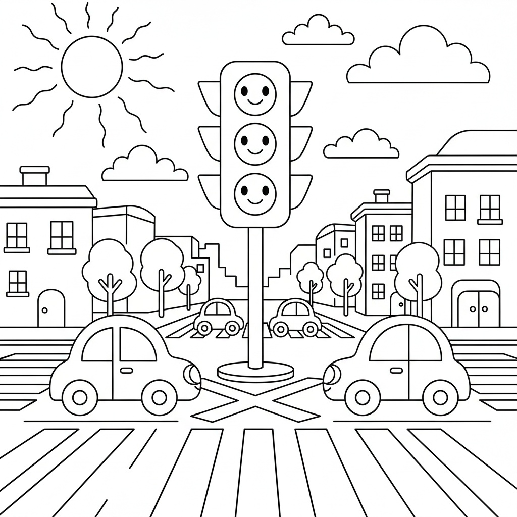 Städer målarbild: korsning med trafikljus