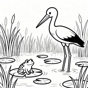 Stork som jagar groda – teckning från våtmark