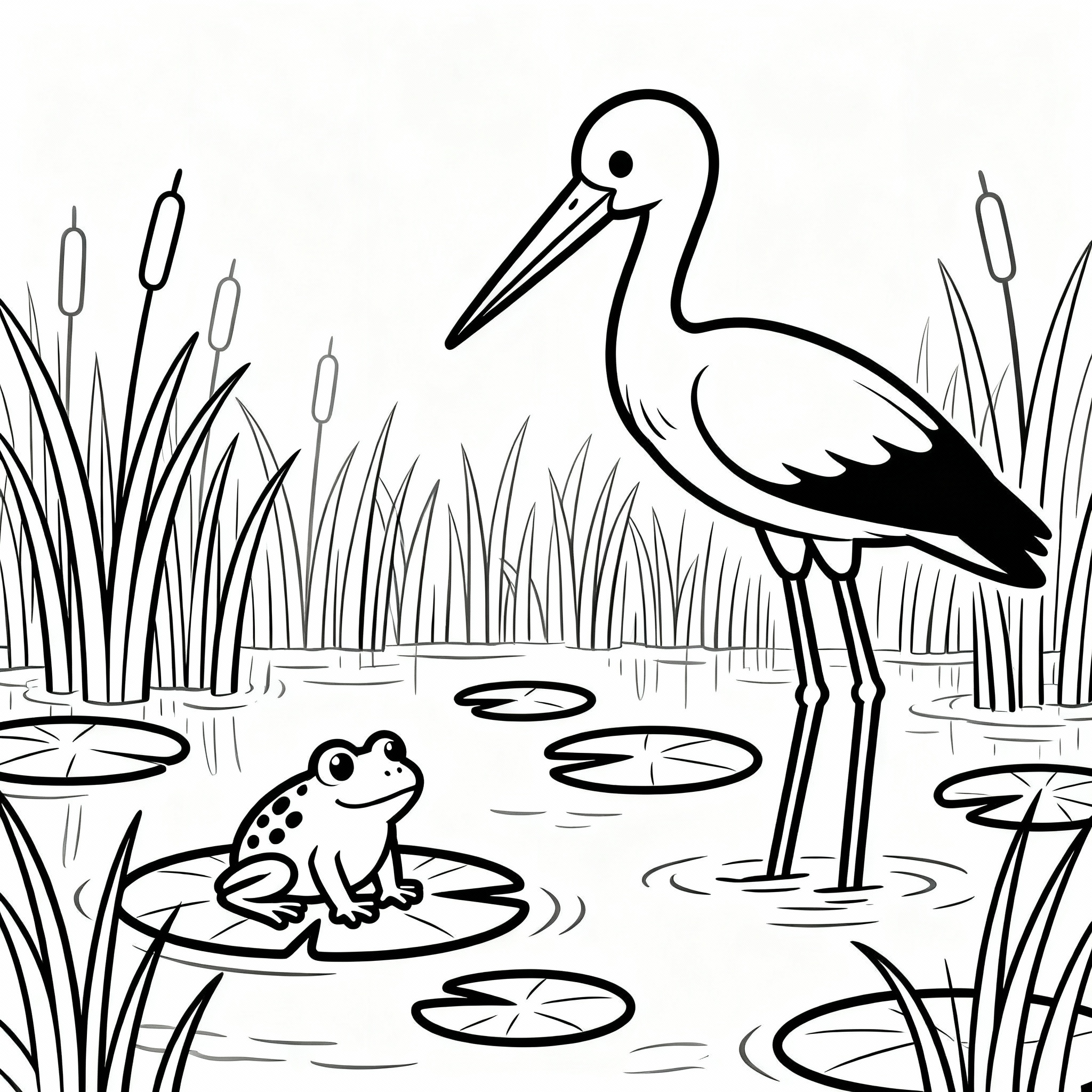 Stork som jagar groda – teckning från våtmark