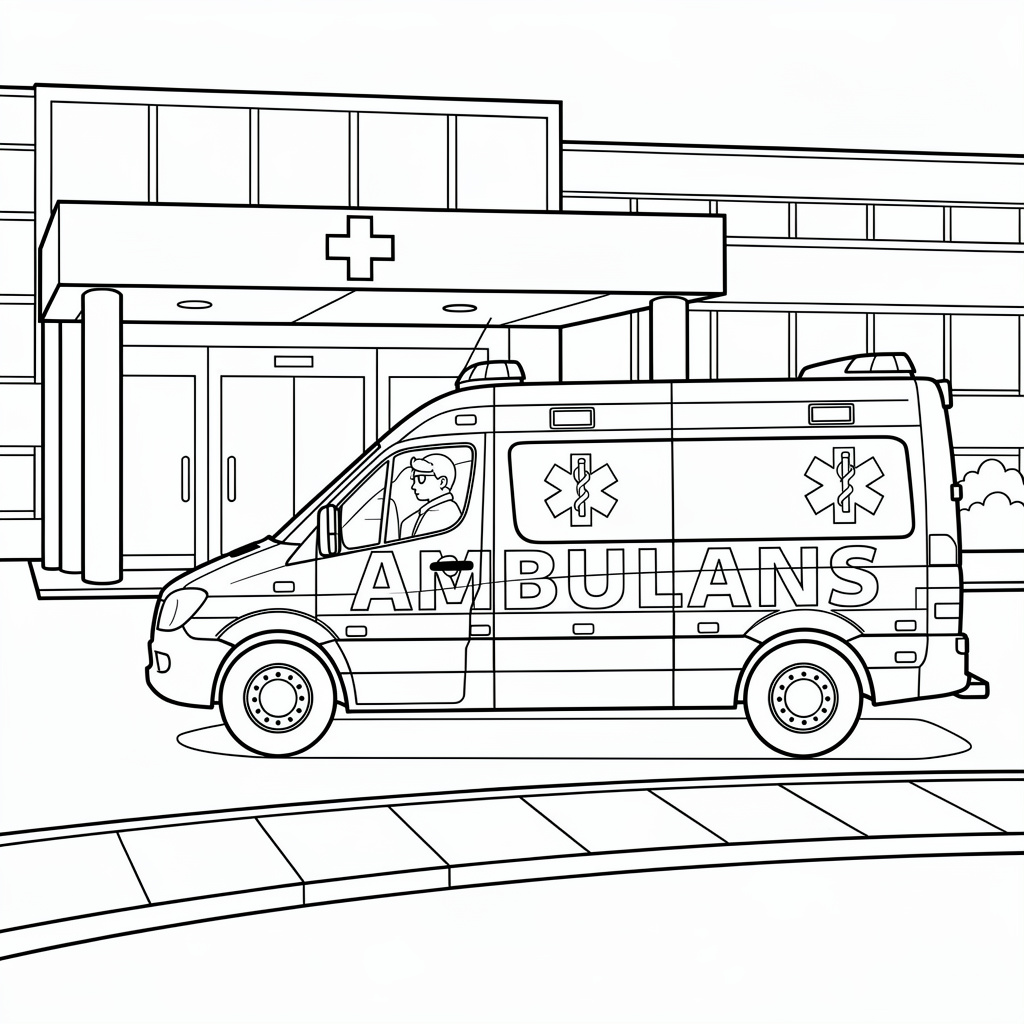 Svensk ambulans vid sjukhusets entré
