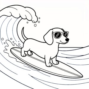 Tax hund på surfbräda bland vågorna