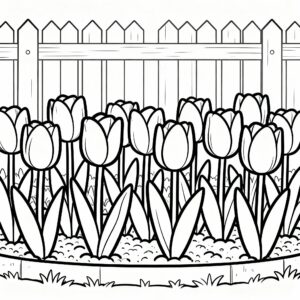 Tulpan målarbild med detaljerad teckning i vårens blomsterbädd