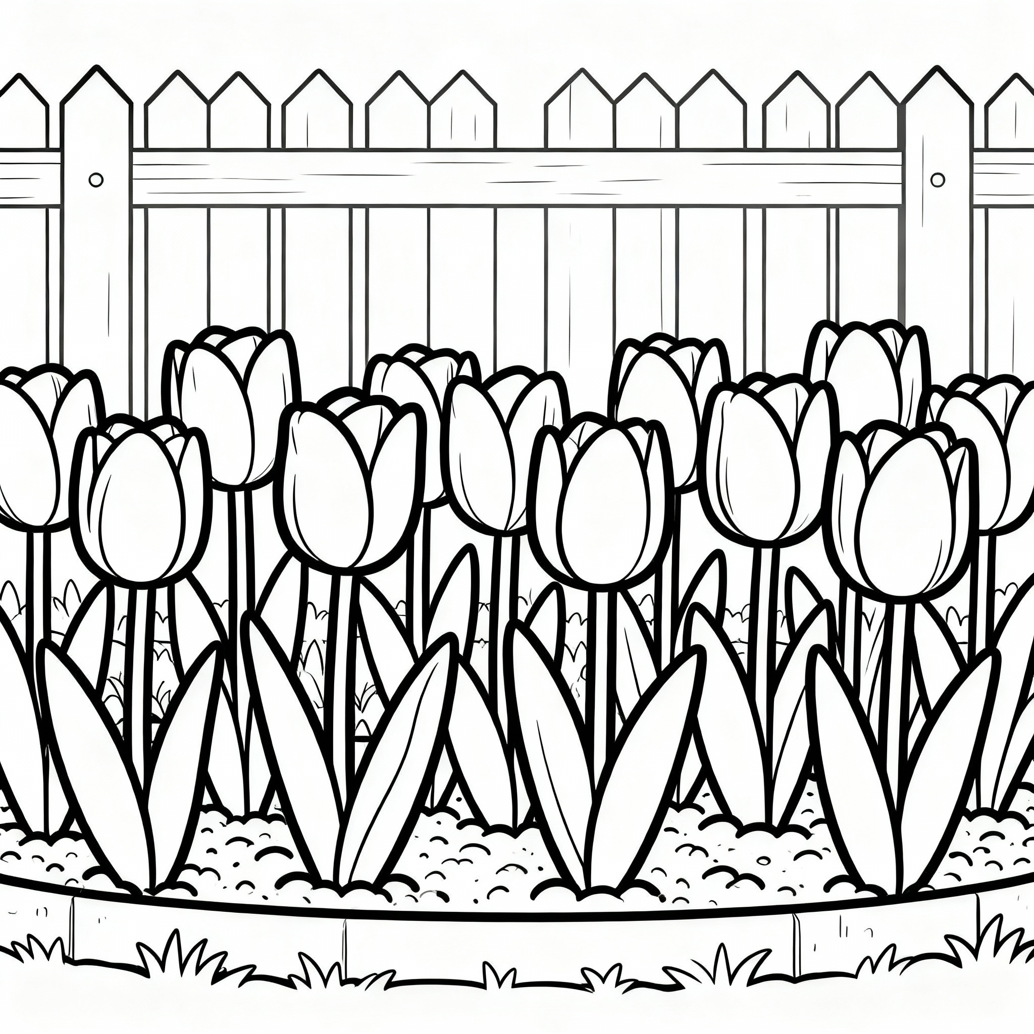 Tulpan målarbild med detaljerad teckning i vårens blomsterbädd