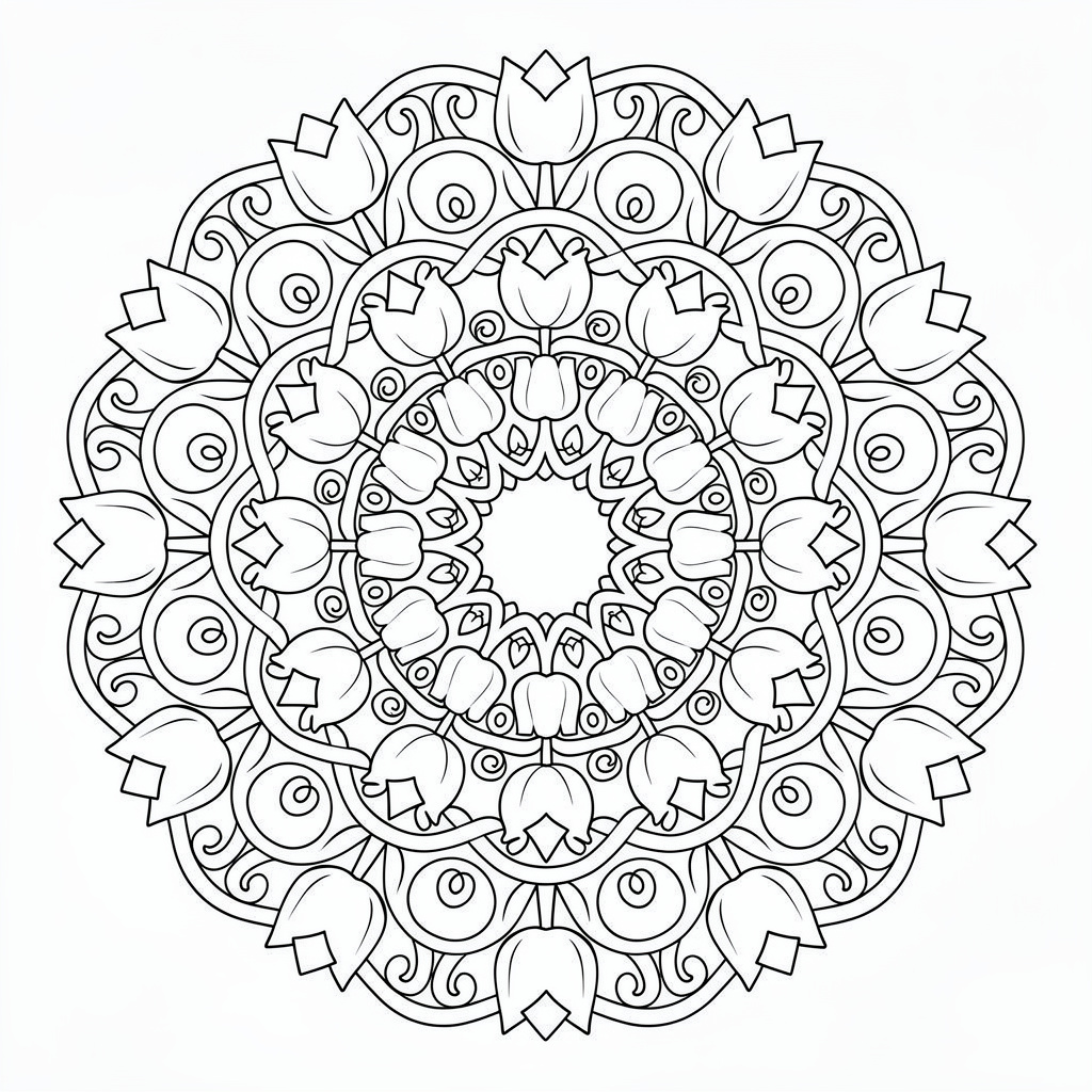 Tulpanmandala målarbild i detaljerad och dekorativ stil