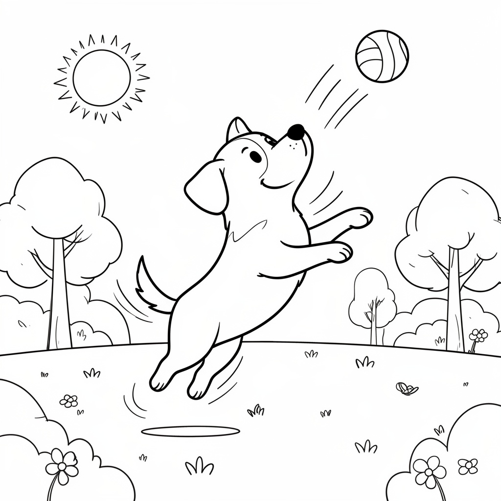 Utskrivbar målarbild med hund som leker med boll