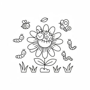 Utskrivbar nyckelpiga målarbild i blommande trädgård
