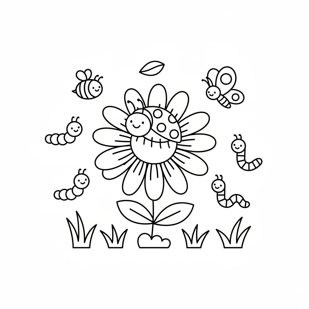 Utskrivbar nyckelpiga målarbild i blommande trädgård
