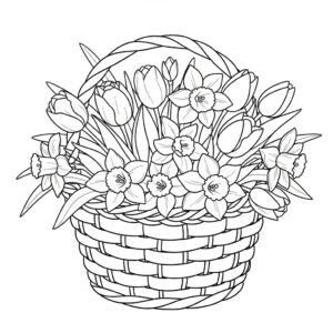 Vårblommor i en dekorerad korg