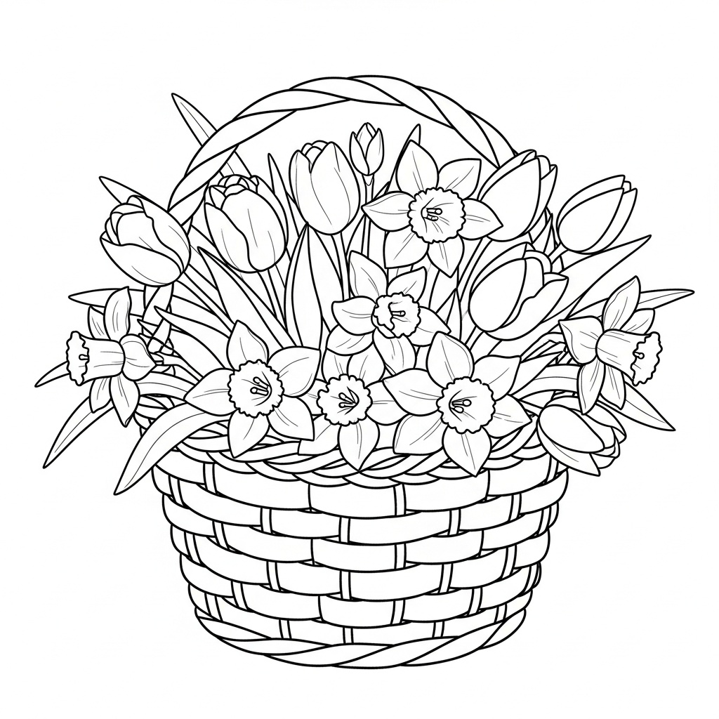 Vårblommor i en dekorerad korg