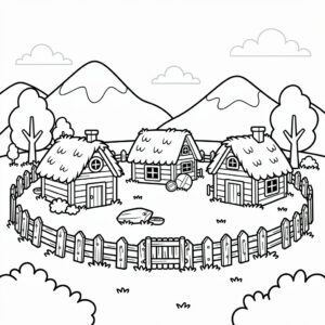 Vikingaby med små hus och rök