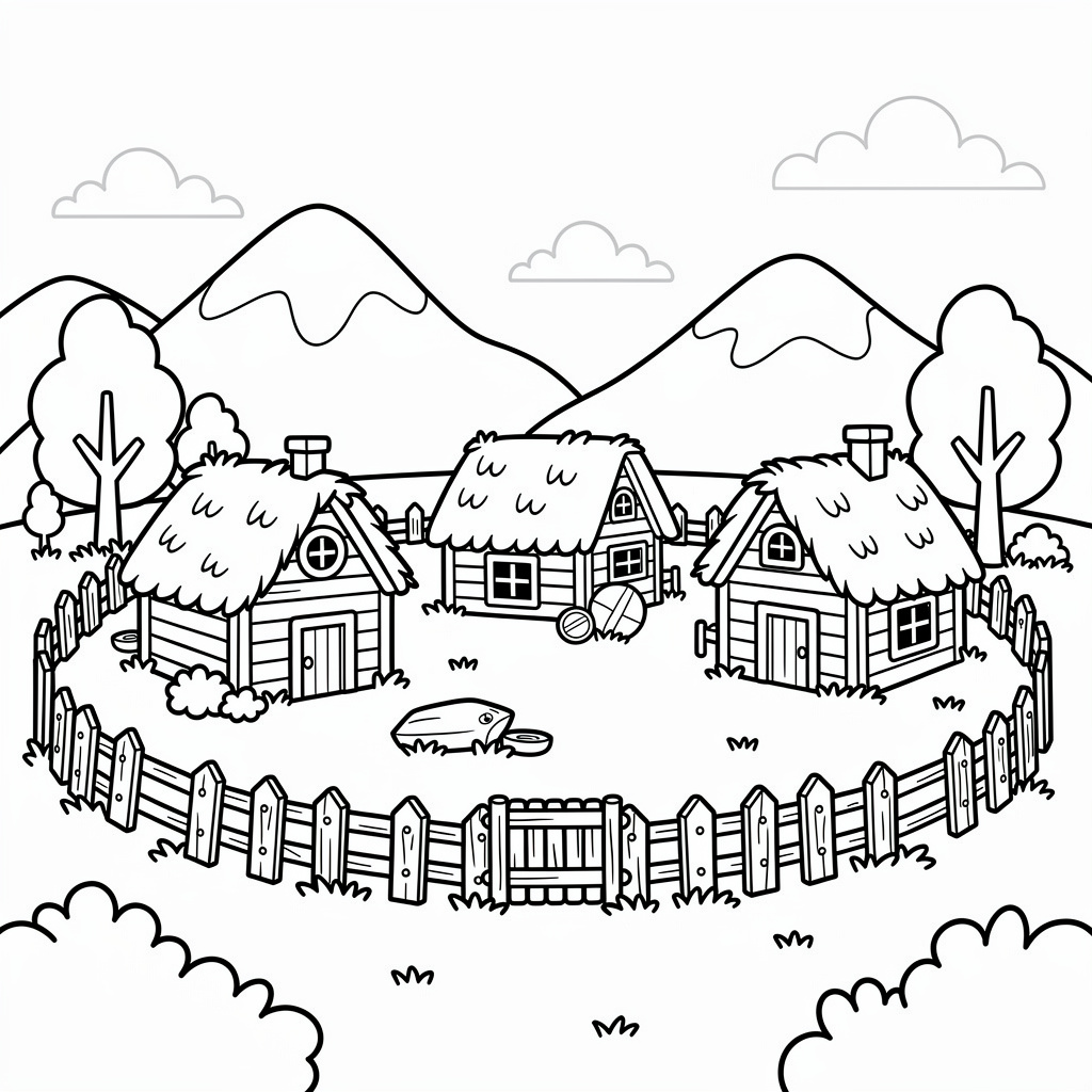 Vikingaby med små hus och rök