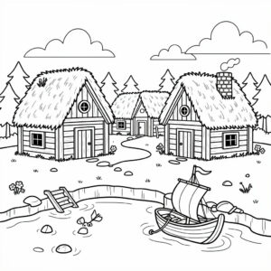 Vikingaby vid fjordens strand målarbild